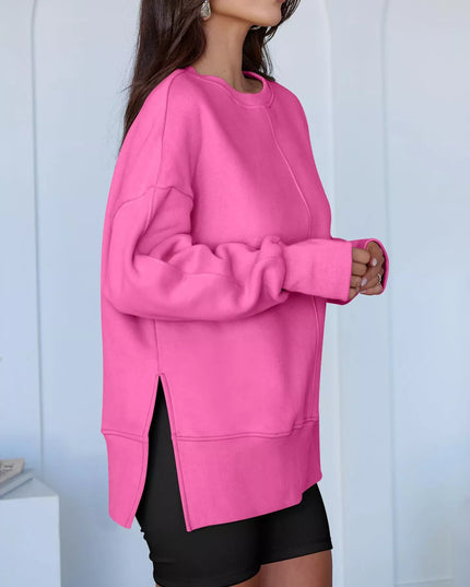 Side Slit Round Neck Long Sleeve Sweatshirt