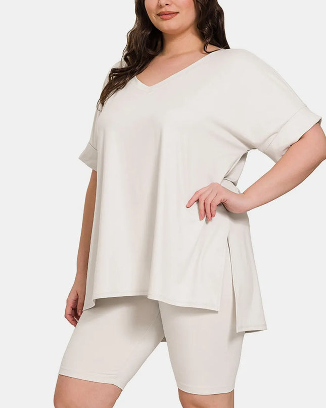 Zenana Full Size V-Neck Short Sleeve Slit T-Shirt and Shorts Set