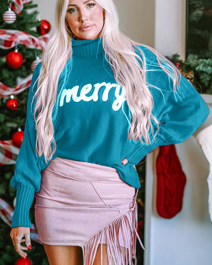 Double Take Full Size Merry Christmas Turtleneck Long Sleeve Sweater Pastel Blue