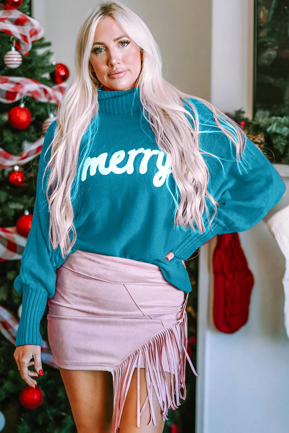 Double Take Full Size Merry Christmas Turtleneck Long Sleeve Sweater Pastel Blue