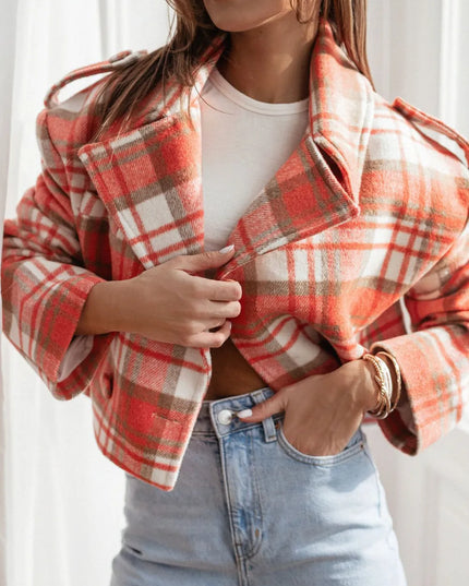Lapel Collar Plaid Cropped Jacket Orange