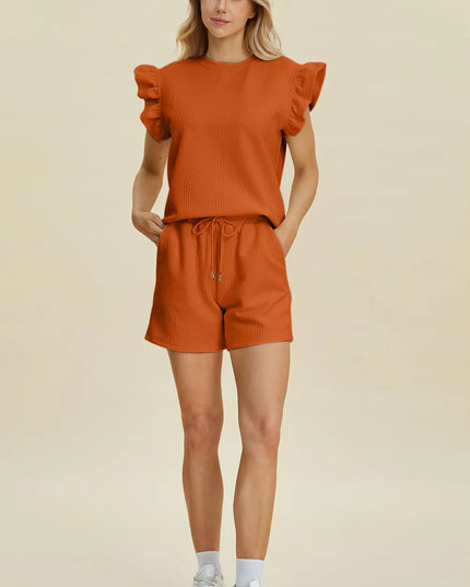 Double Take Full Size Texture Round Neck Ruffle Sleeve Top and Shorts Set