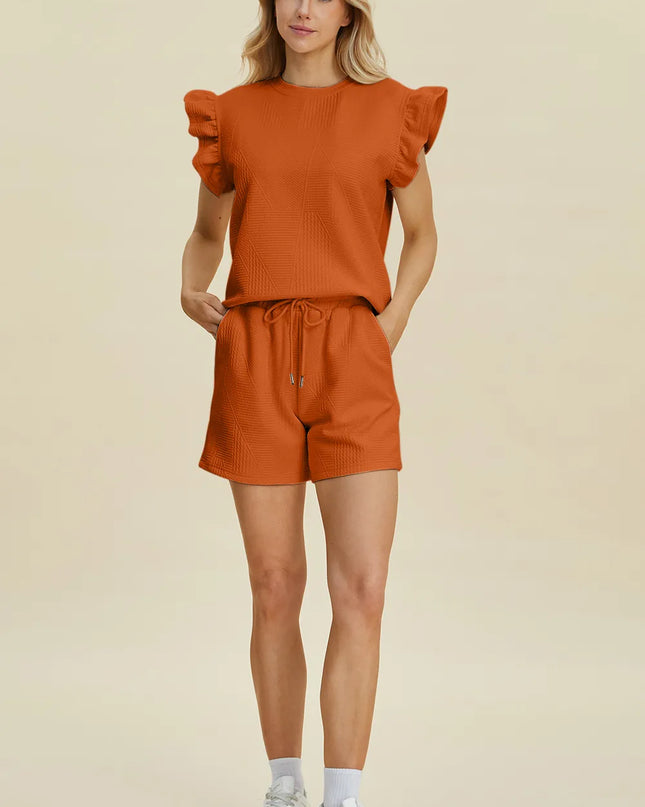 Double Take Full Size Texture Round Neck Ruffle Sleeve Top and Shorts Set