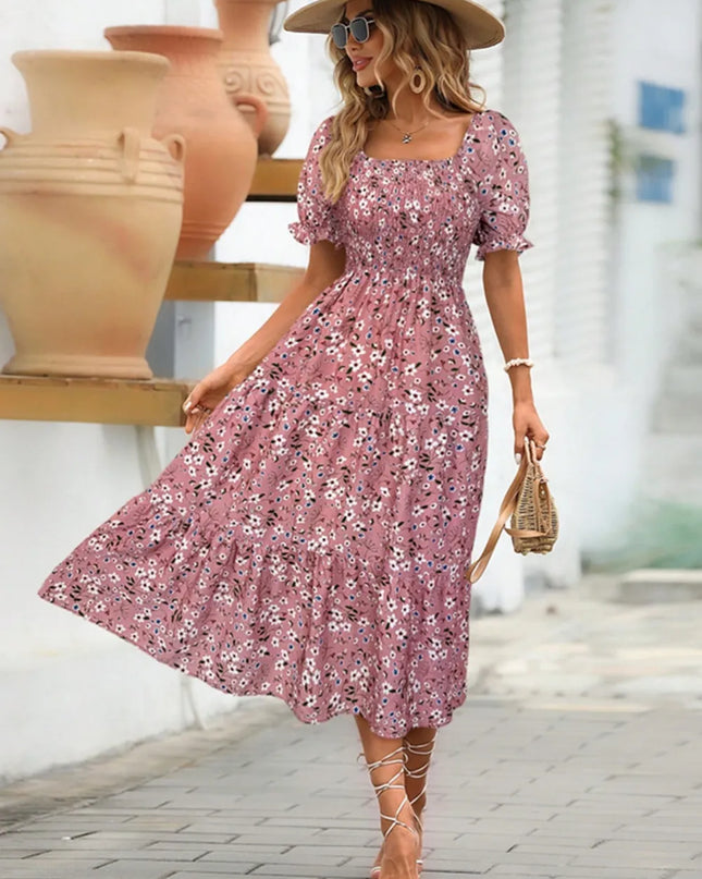 Floral Square Neck Short Sleeve Tiered Dress