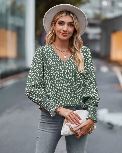 Printed V-Neck Lantern Sleeve Blouse