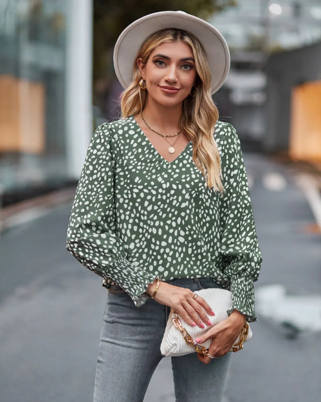 Printed V-Neck Lantern Sleeve Blouse