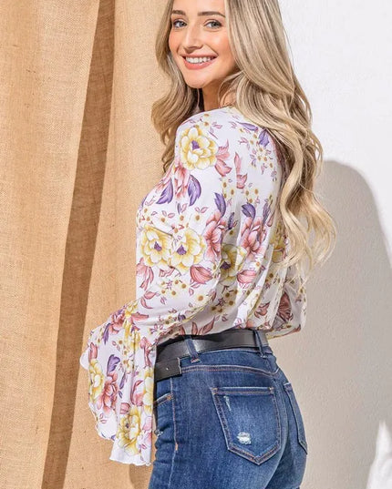 And The Why Floral Printed Bell Sleeve Casual Top 