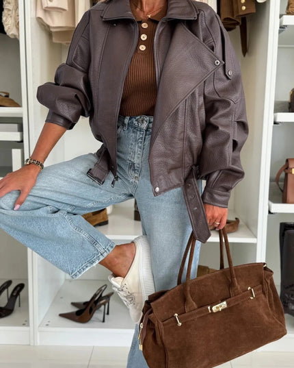 Leather Zip Up Jacket Brown