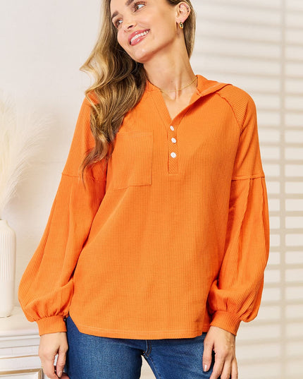 Basic Bae Side Slit Buttoned Waffle Knit Hoodie Orange
