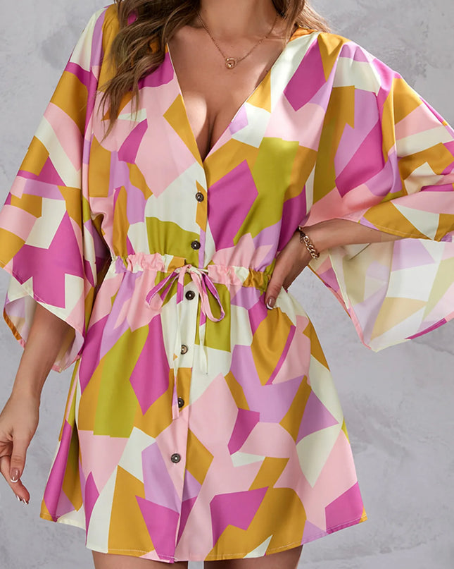 Color Block Drawstring Waist Button Up Dress