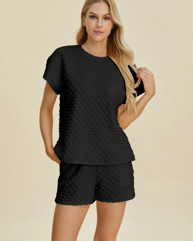 Double Take Full Size Texture T-Shirt and Shorts Set