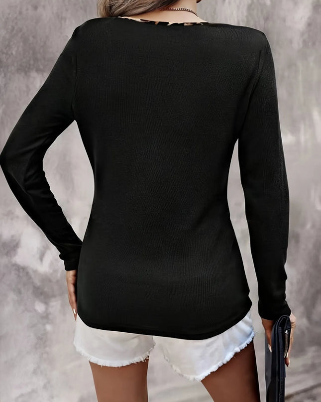 Leopard Trim Long Sleeve T-Shirt
