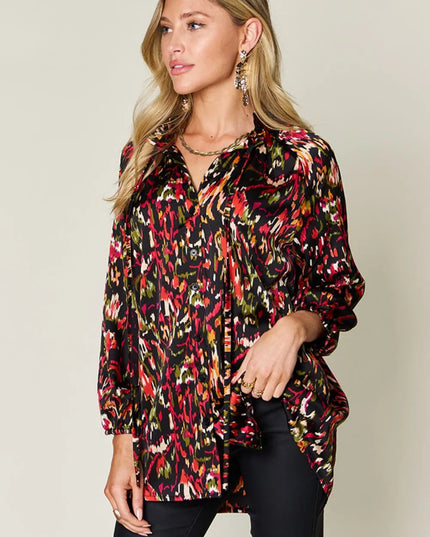 Double Take Full Size Printed Button Up Long Sleeve Shirt Black