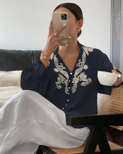 Embroidered Lantern Sleeve Blouse