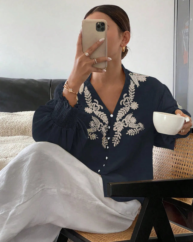 Embroidered Lantern Sleeve Blouse