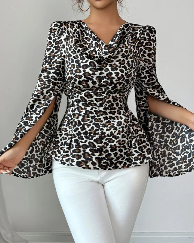 Leopard Print Slit Sleeve Blouse