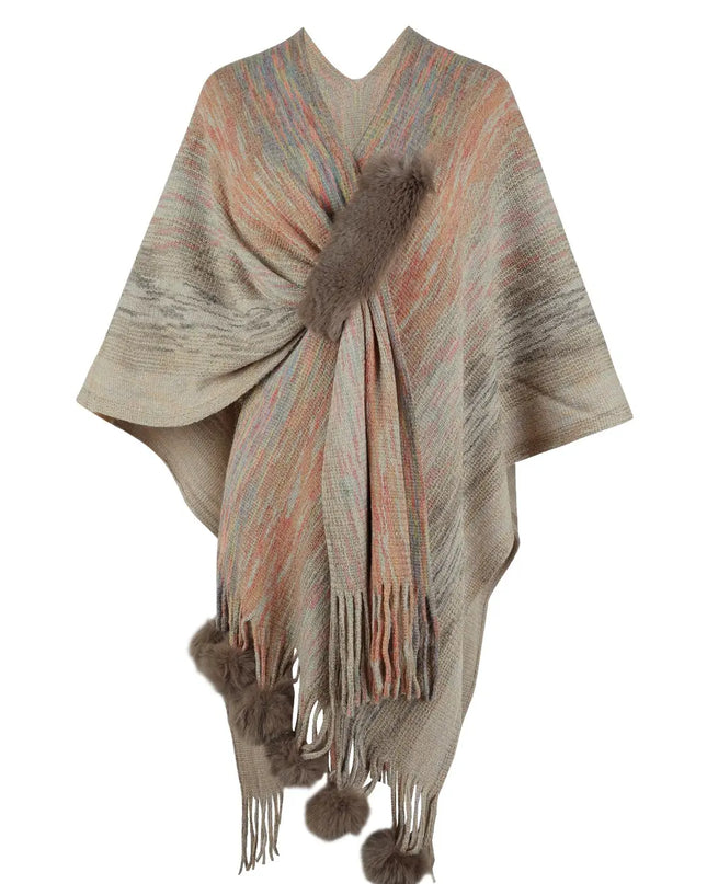 Heathered Fringe Hem Poncho Khaki One Size