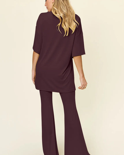 Double Take Full Size Round Neck Drop Shoulder T-Shirt and Flare Pants Set