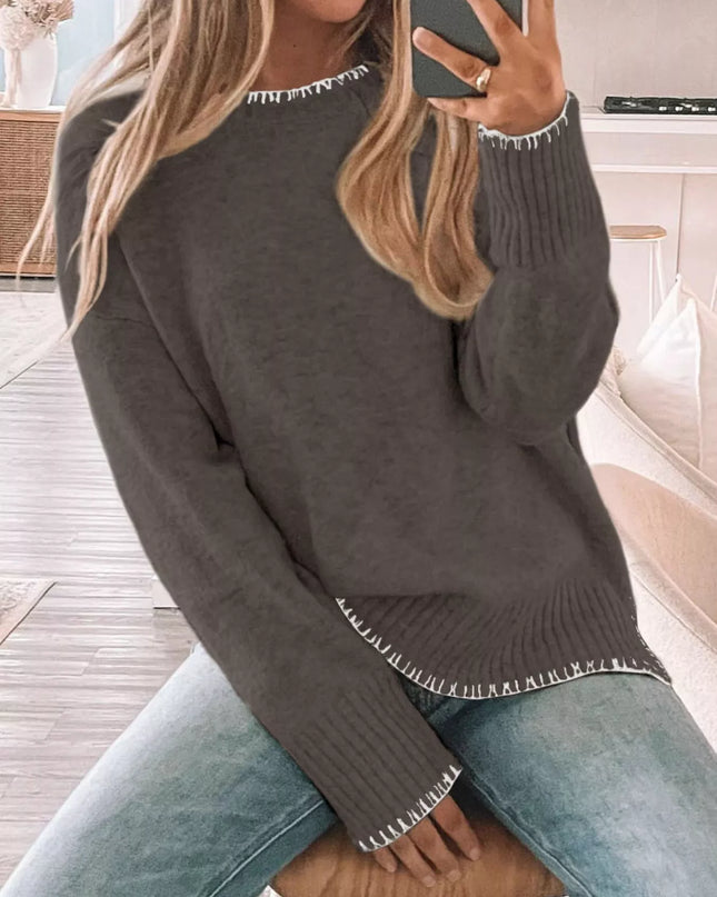 Slit Contrast Trim Round Neck Sweater Coffee Brown