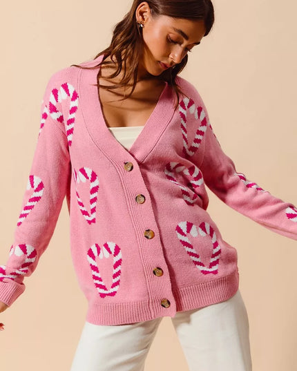 SO ME Christmas Candy Cane Button Front Sweater Cardigan