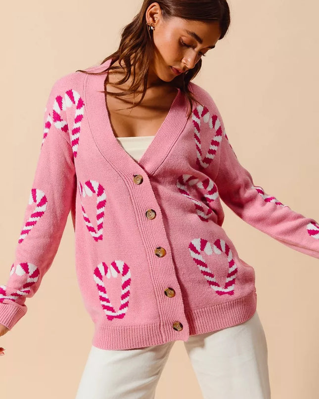 SO ME Christmas Candy Cane Button Front Sweater Cardigan