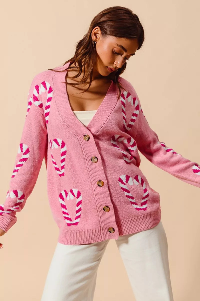 SO ME Christmas Candy Cane Button Front Sweater Cardigan