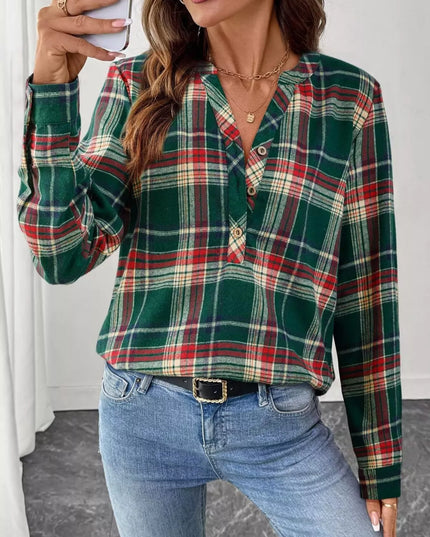 Plaid Half Button Long Sleeve Blouse