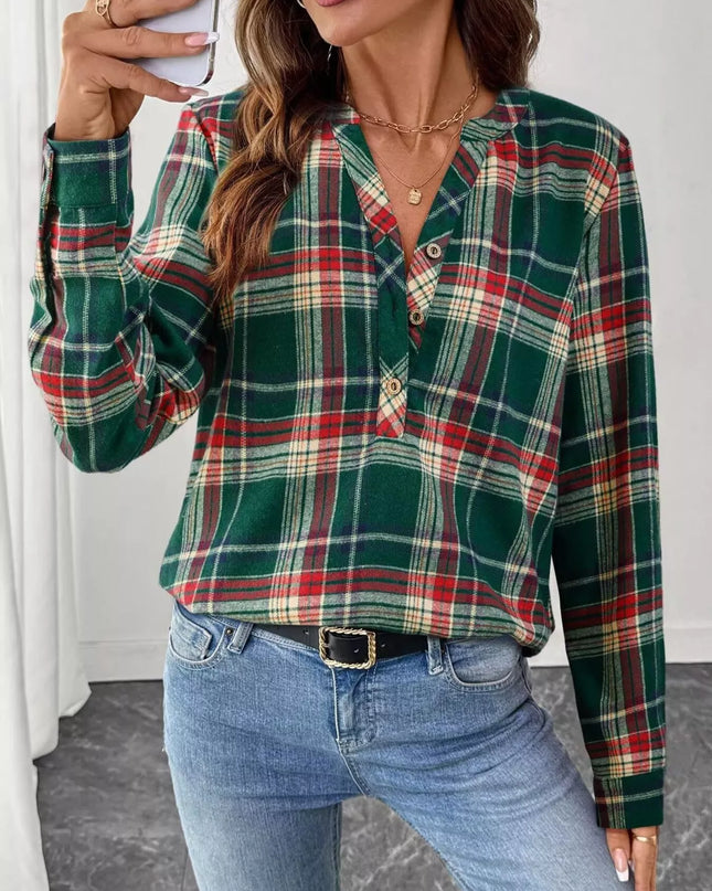 Plaid Half Button Long Sleeve Blouse