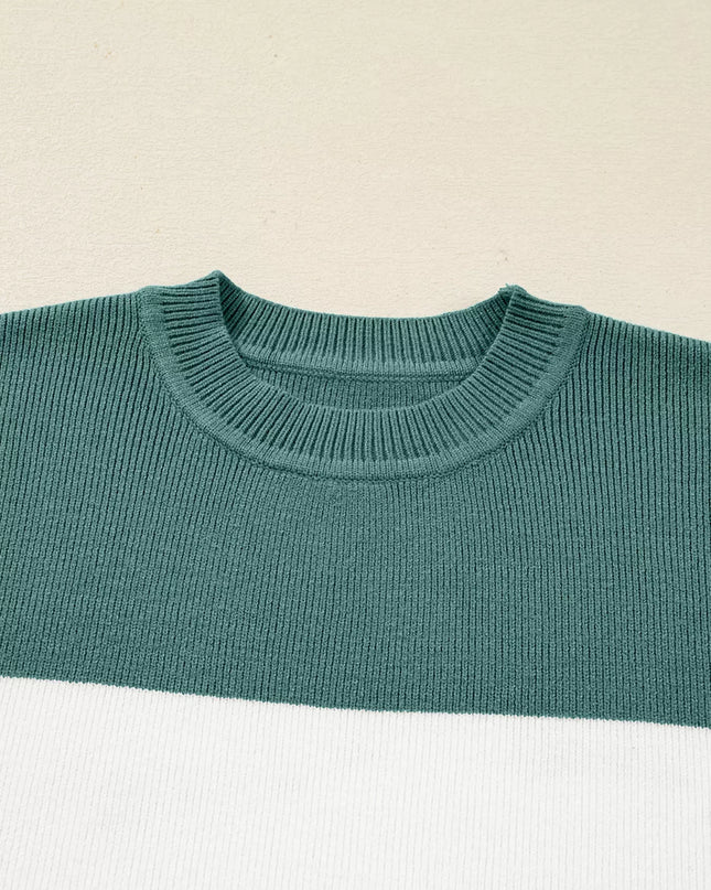 Color Block Plain Ribbed Knit Sweatshirt
