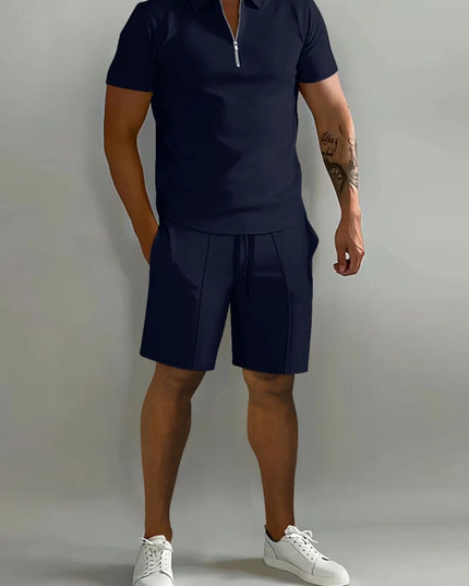 Men's Full Size Collared Neck Short Sleeve Top and Shorts Set Plus Size Dark Blue