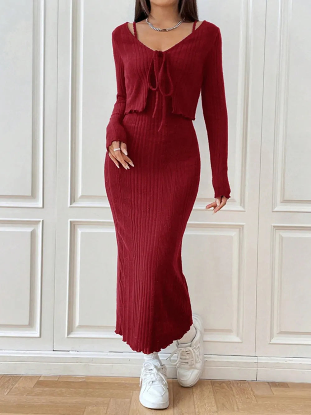 Cami Dress and Tied Long Sleeve Cardigan Set Burgundy