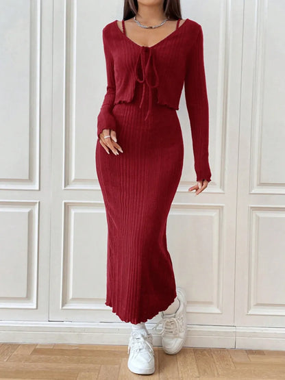 Cami Dress and Tied Long Sleeve Cardigan Set Burgundy