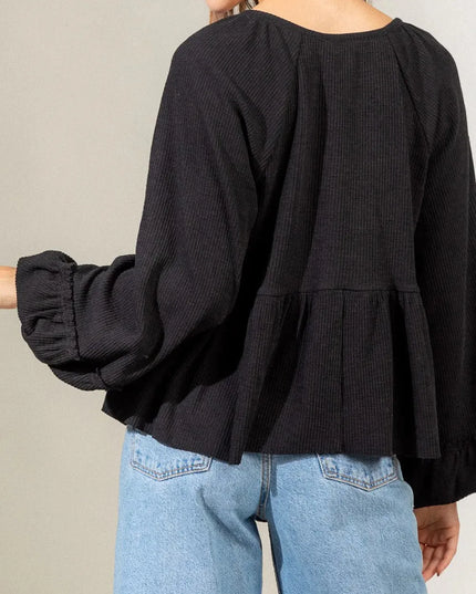 Notched Balloon Sleeve Peplum Blouse