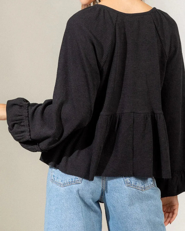 Notched Balloon Sleeve Peplum Blouse