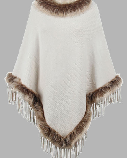 Faux Fur Trim Fringed Poncho Ivory One Size