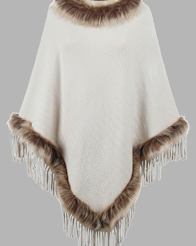 Faux Fur Trim Fringed Poncho Ivory One Size