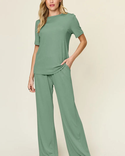 Double Take Full Size Round Neck Short Sleeve T-Shirt and Wide Leg Pants Set Light Green