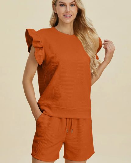 Double Take Full Size Texture Round Neck Ruffle Sleeve Top and Shorts Set Tangerine