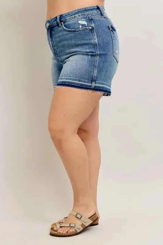 Judy Blue Plus Size Mr Tummy Control Vintage Wash Release Hem Shorts
