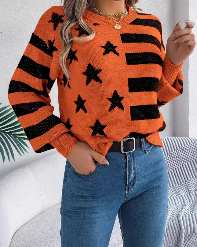 Stars and Stripes Pattern Casual Round Neck Sweater Orange