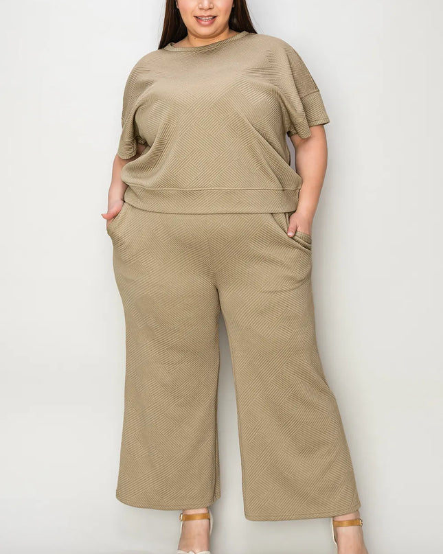 Double Take Full Size Texture Short Sleeve Top and Pants Set