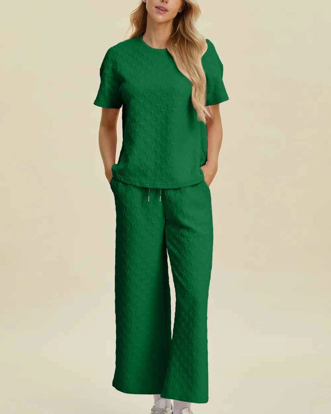 Double Take Full Size Texture Round Neck Short Sleeve Top and Pants Set