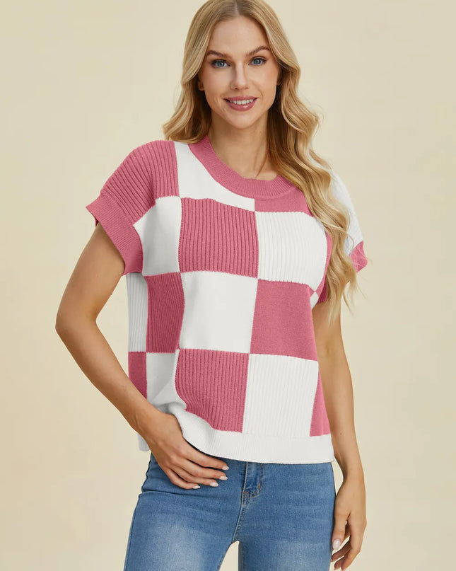 Double Take Full Size Checkered Round Neck Short Sleeve Sweater Dusty Pink