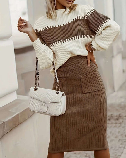 Two-Tone Ribbed Knit Top and Skirt Sweater Set Brown