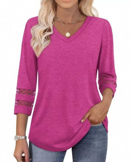 Full Size V-Neck 3/4 Sleeve T-Shirt Plus Size Deep Rose