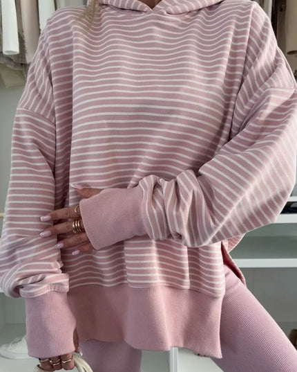 Side Slit Striped Oversized Hoodie Pink Purple