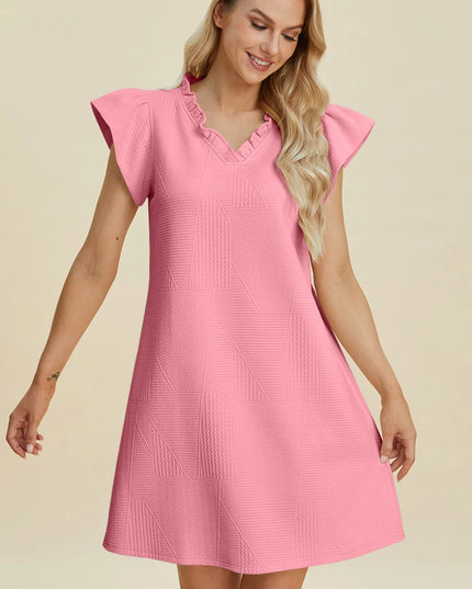 Double Take Full Size Ruffled V-Neck Cap Sleeve Dress