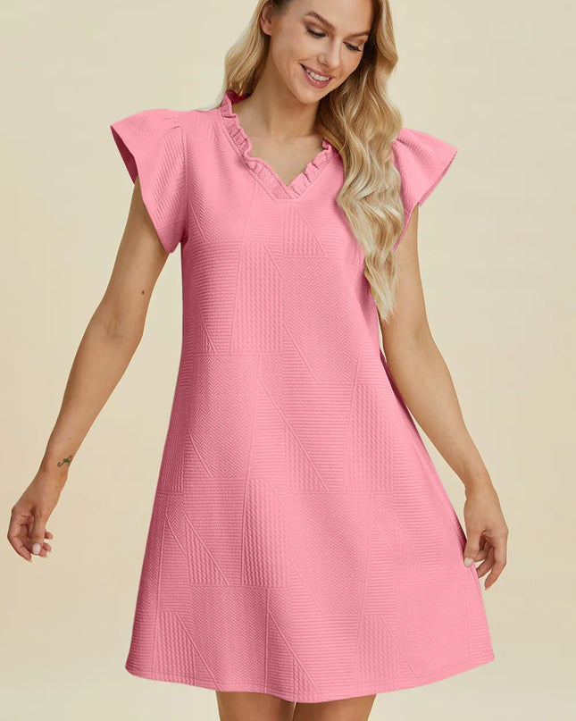 Double Take Full Size Ruffled V-Neck Cap Sleeve Dress