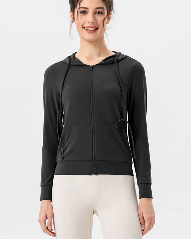 Drawstring Zip Up Hooded Active Outerwear Black