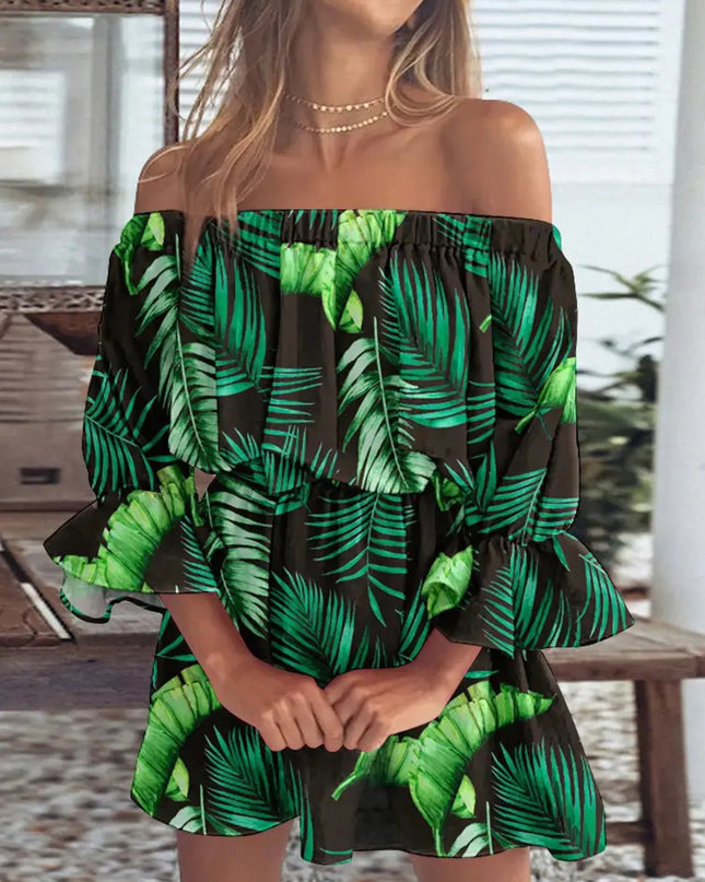 Full Size Floral Off-Shoulder Flounce Sleeve Mini Dress Plus Size 